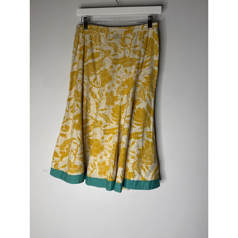 Vintage Old Navy Yellow Floral Batik Midi Skirt Teal Trim Summer 2005 Size 4